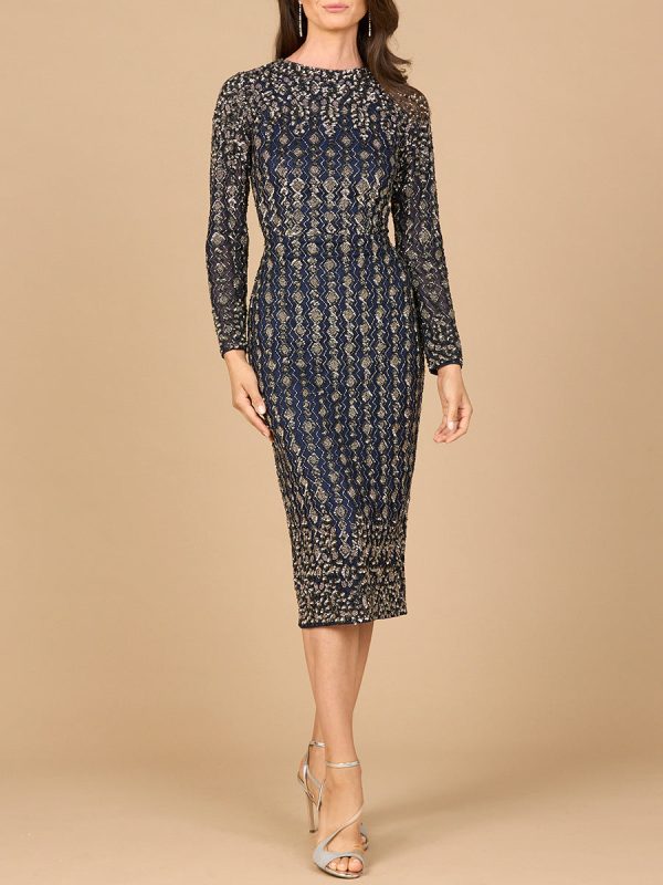 Lara 28982 - Beaded Midi Dress with Long Sleeves Sale