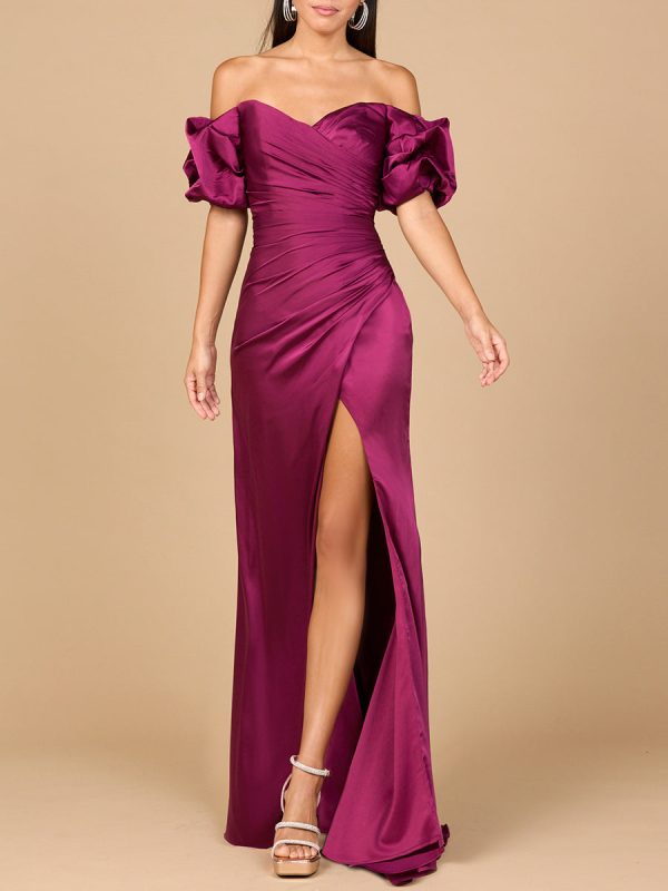 Off Shoulder Satin Dress with Slit For Cheap