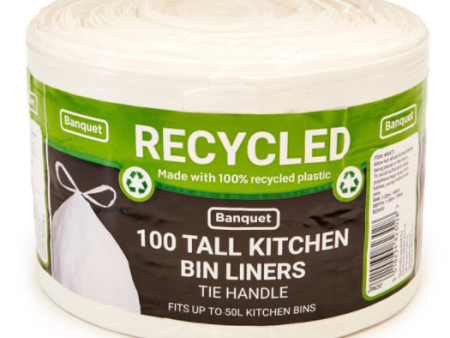 Banquet Recycled Tie Handle Tall Kitchen Bin Liners Pack of 1x100 Bags Cheap